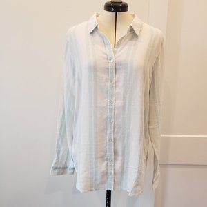 WE Linen Blue/White Button Down Striped Linen Top Size Large